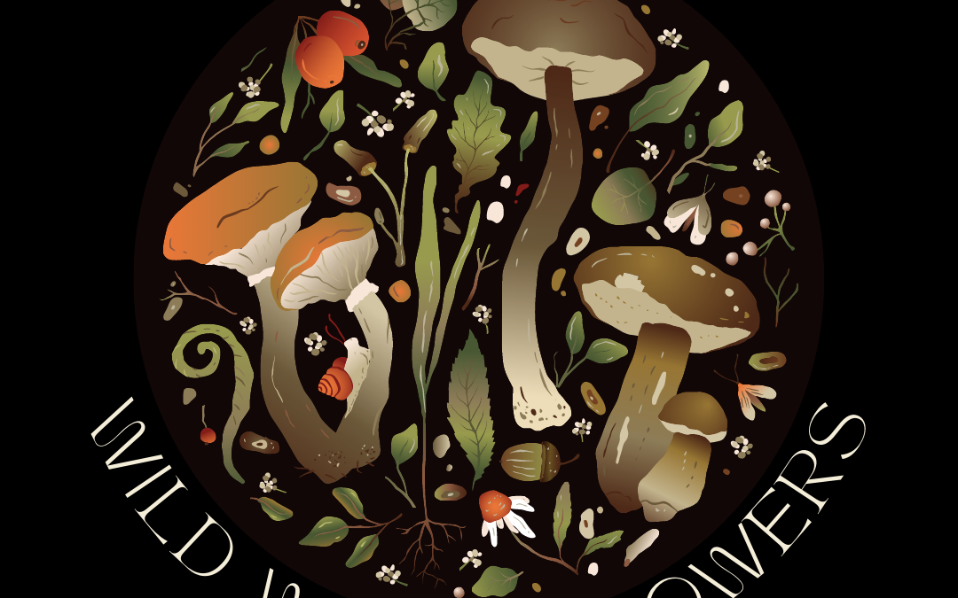 a logo with mushrooms called Wild Wood Growers